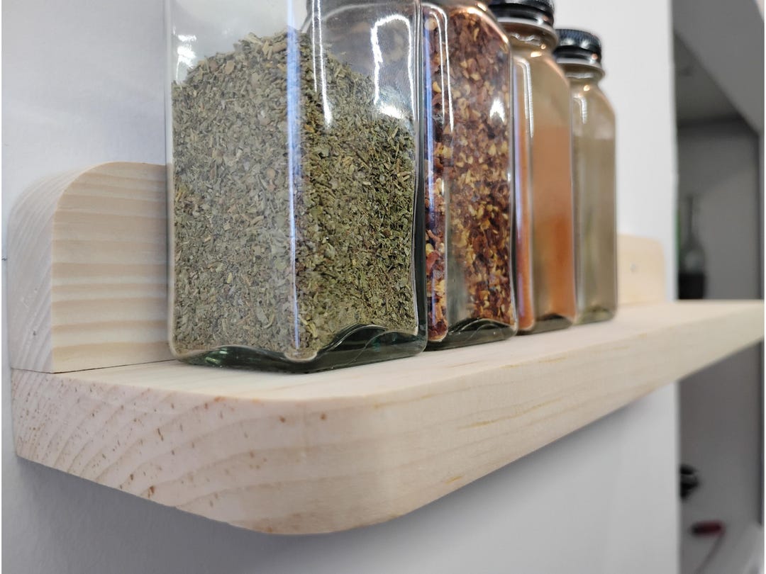 Wall Wooden Spice Rack, Kitchen Storage Shelving With Hooks, Rounded ...
