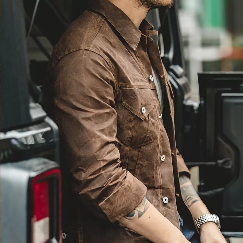 Retro Male Oil Waxed Jacket Canvas Cotton Khaki Military Etsy