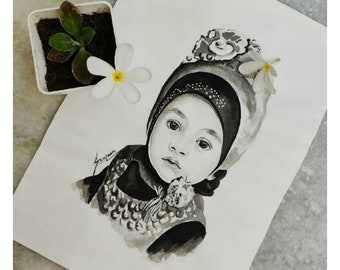 Customized Handmade Portrait Painting in Monochrome Water Colors on Paper Personalized your Photo into Painting Best Gift for Him/Her