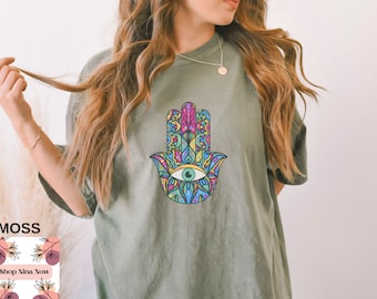 Camisa de mano Hamsa, camisa All Seeing Eye, camisa Boho Hamsa
