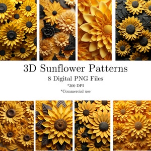 May include: Eight digital sunflower patterns in a 3D style. The patterns are made up of yellow and black paper flowers. The text "3D Sunflower Patterns" and "8 Digital PNG Files" is displayed in the center of the image. The text "*300 DPI" and "*Commercial use" is displayed below the main text.
