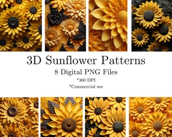 3D Sunflower Paper Textures, Floral Printable Patterns (PNG)