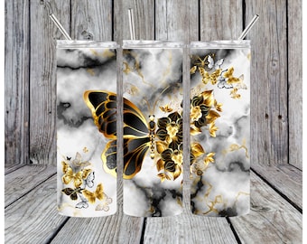 Gold Butterfly Tumbler Wrap, Marbled 20oz Skinny Tumbler (PNG)