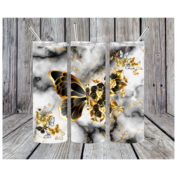 Gold and Black Butterfly Sublimation Tumbler Wrap 20oz marbled skinny tumbler PNG 20 oz Gold Butterfly Tumbler Wrap PNG