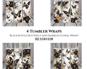 Digital Item** Black and Gold Butterfly Floral Tumbler Wrap
