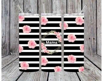 Pink Rose Mama Tumbler Wrap, Chevron Design (PNG Digital Download)