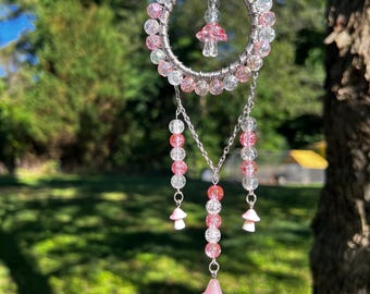 Pink Mushroom Fairy Sun Catcher | Pink Mushroom Window Hanging | Cottagecore Decor | Fairy Garden Ornament | Handmade Crystal Suncatcher