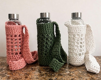 Crochet Water Bottle Holder with Glass Bottle | Crossbody Water Bottle Sling | Handmade Cotton Carrier | Festival & Farmers Market Bag