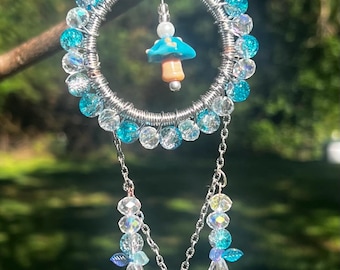 Blue Mushroom Sun Catcher | Mushroom Window Hanging | Cottagecore Decor | Fairy Garden Ornament | Handmade Crystal Suncatcher