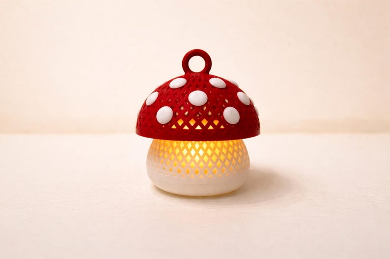 May include: A decorative mushroom-shaped lamp with a red cap featuring white polka dots. The lamp's base is white and has a lattice design, emitting a warm, yellow glow. The lamp has a small loop at the top.