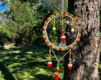 Strawberry Sun Catcher | Strawberry Window Hanging | Cottagecore Decor | Fairy Garden Ornament | Handmade Crystal Suncatcher