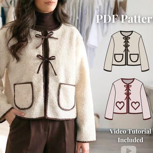 May include: Cream-colored, fuzzy jacket with brown trim and bow closures. Features two front pockets and a matching brown trim. The image also includes a PDF pattern and a video tutorial for sewing the jacket.