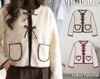 Teddy Jacket Sewing Pattern, Bow Tie Cardigan, Heart Pocket, Coquette Style (Video Tutorial)