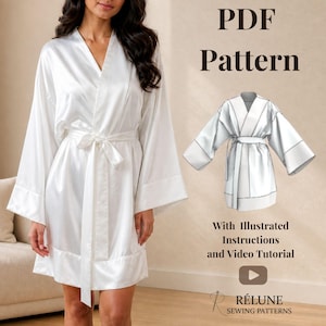 Patrón de costura en PDF para bata tipo kimono, proyecto para principiantes (tallas XS-XL)
