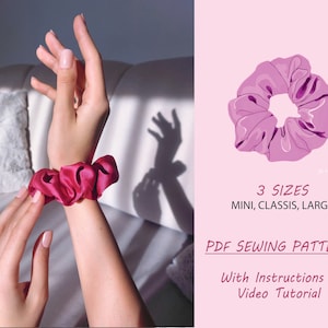 Könnte beinhalten: Ein PDF-Schnittmuster für ein Scrunchie-Haargummi in drei Größen: Mini, Classic und Large. Das Schnittmuster enthält Anweisungen und ein Video-Tutorial.