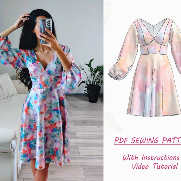 Puff Sleeve Dress PDF Pattern, Easy Sewing Project for Beginners, How to sew: Detailed Instructions and Video Tutorial