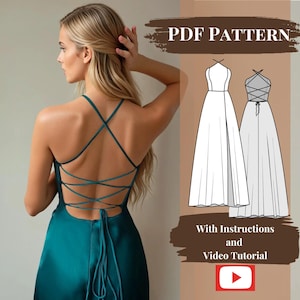 May include: PDF pattern for a maxi dress with a lace-up back. The dress has a halter neckline and a high slit. The pattern includes instructions and a video tutorial.  PDF PATTERN. With Instructions and Video Tutorial.