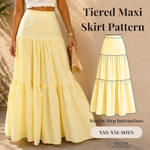 Może przedstawiać: Jasnożółta, warstwowa spódnica maxi z wysokim stanem i marszczonymi warstwami materiału. Obraz zawiera tekst Tiered Maxi Skirt Pattern, Step by Step Instructions, XXS-XXL SIZES, Rélune Sewing Patterns oraz szkic techniczny spódnicy.