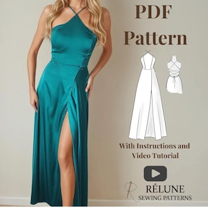 Patrón de costura en PDF para vestido con abertura. Vestido largo de noche con cuello halter.