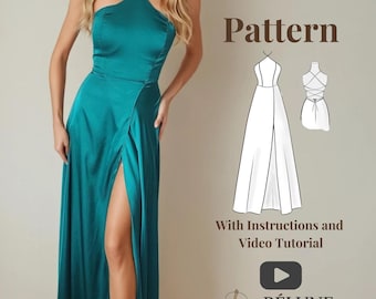 Slit Dress PDF Sewing Pattern. Long Evening Gown with Halter Neck