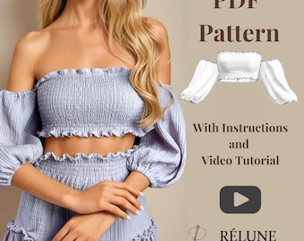 Off Shoulder Shirred Crop Top Sewing Pattern (PDF), Puff Sleeve Milkmaid Blouse
