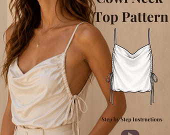 Cowl Neck Top Sewing Pattern PDF, Side Tie CropTop Pattern, Elegant Satin Cami