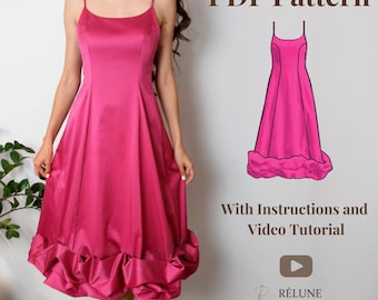 Midi Dress Sewing Pattern, Ruffle Hem, Elegant Slip Dress (PDF Download)