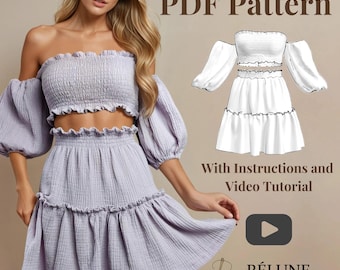 Sewing Pattern Two-Piece Mini Skirt & Crop Top PDF, Beginner Friendly