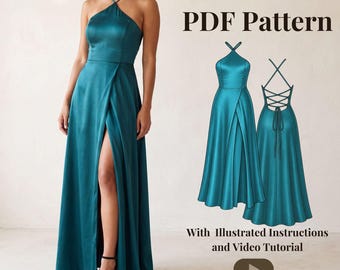 Patrón de costura en PDF para vestido con abertura. Vestido largo de noche con escote halter.