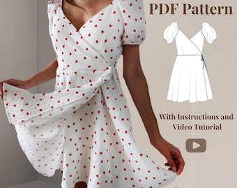 Hailey Wrap Dress Sewing Pattern, Puff Sleeve Mini Dress (PDF Download)