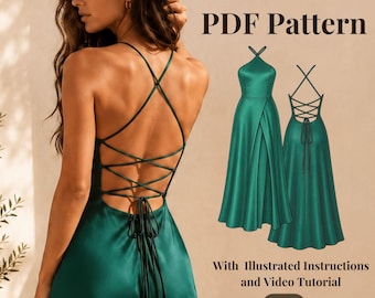 Patrón de costura para vestido largo halter sin espalda – Elegante vestido de noche (patrón en PDF)