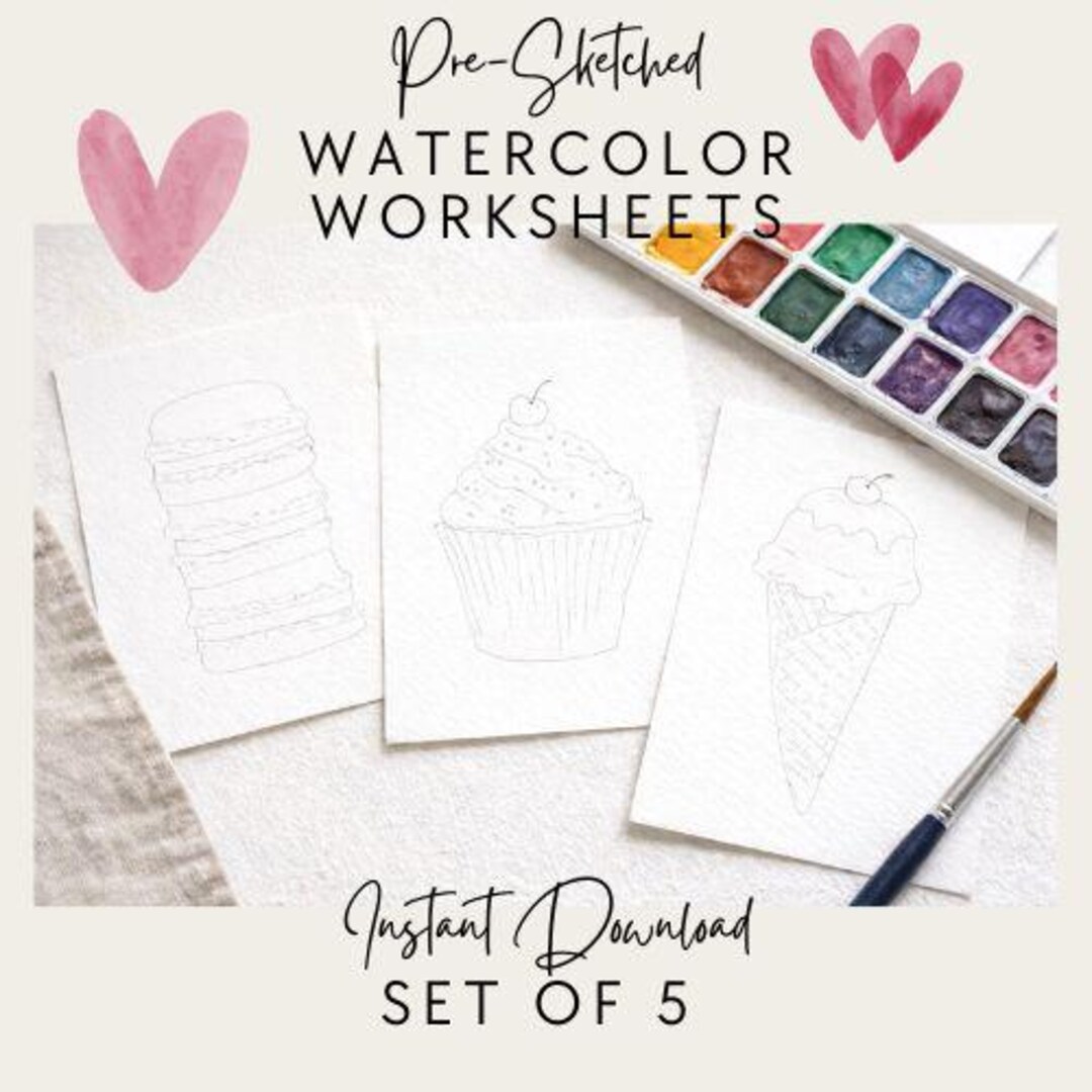 Watercolor Worksheet.pdf Watercolor Worksheets, Pre-sketched Fancy Desserts Treats, DIY Art ...