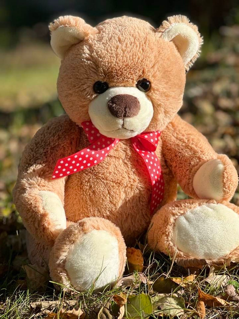 May include: A brown teddy bear with a red and white polka dot bow tie sitting on a bed of green grass and brown leaves.