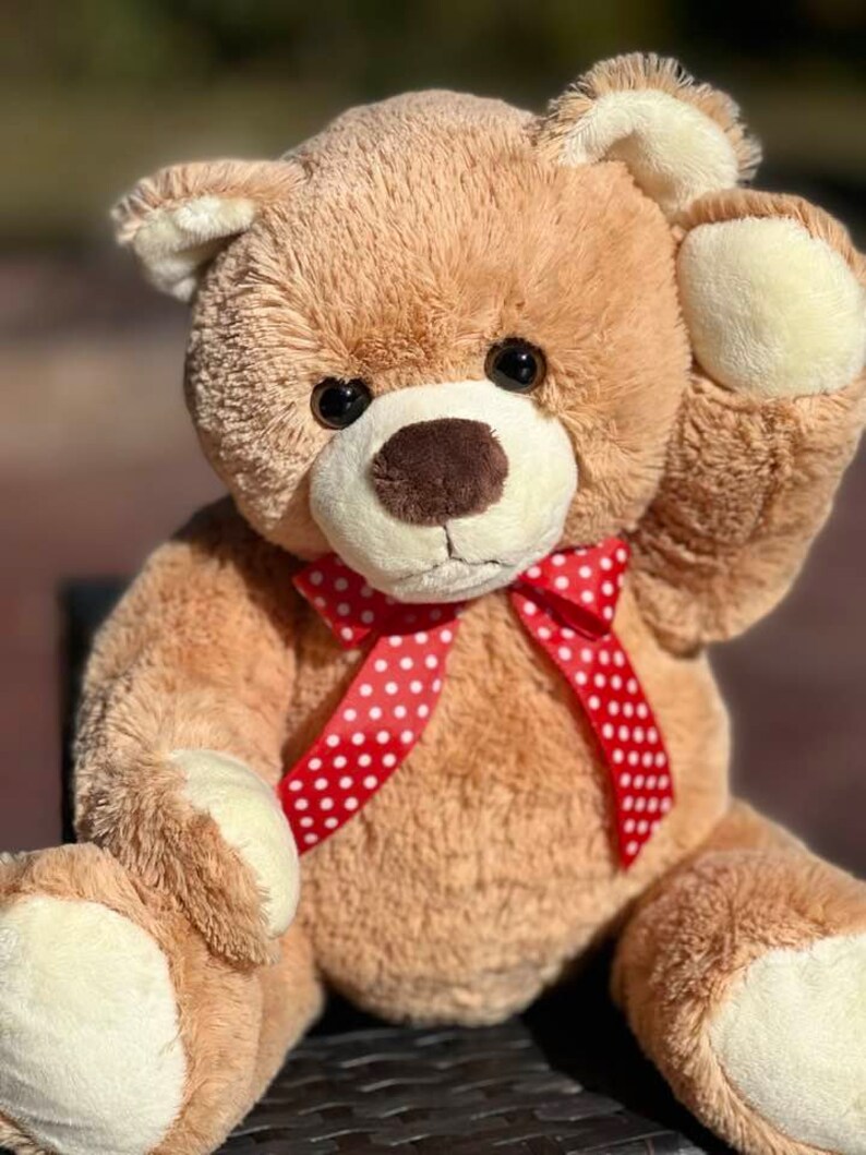 May include: A brown teddy bear with a red and white polka dot bow tie. The bear is sitting on a wicker chair.