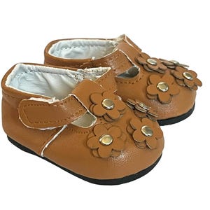 Brown Leather Shoes with Flowers Fits 18 Inch Dolls