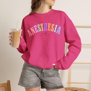 May include: A bright pink long-sleeve sweatshirt featuring the word ANESTHESIA in a multi-colored arched font across the chest, with the text SQUAD Est. 1846 printed in black underneath. The garment is paired with gray denim shorts.
