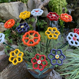 Vinca- Set of 3 Metal flowers, 18" garden stakes, repurposed faucet handles, Yard Art, colors(red, yellow, white, purple, and orange)