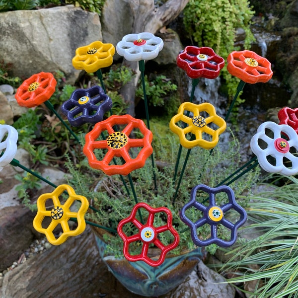 Vinca- Set of 3 Metal flowers, 18" garden stakes, repurposed faucet handles, Yard Art, colors(red, yellow, white, purple, and orange)