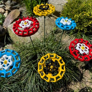 Double Daisy Large -red, Blue, and Yellow, Set of 6 Metal Flowers