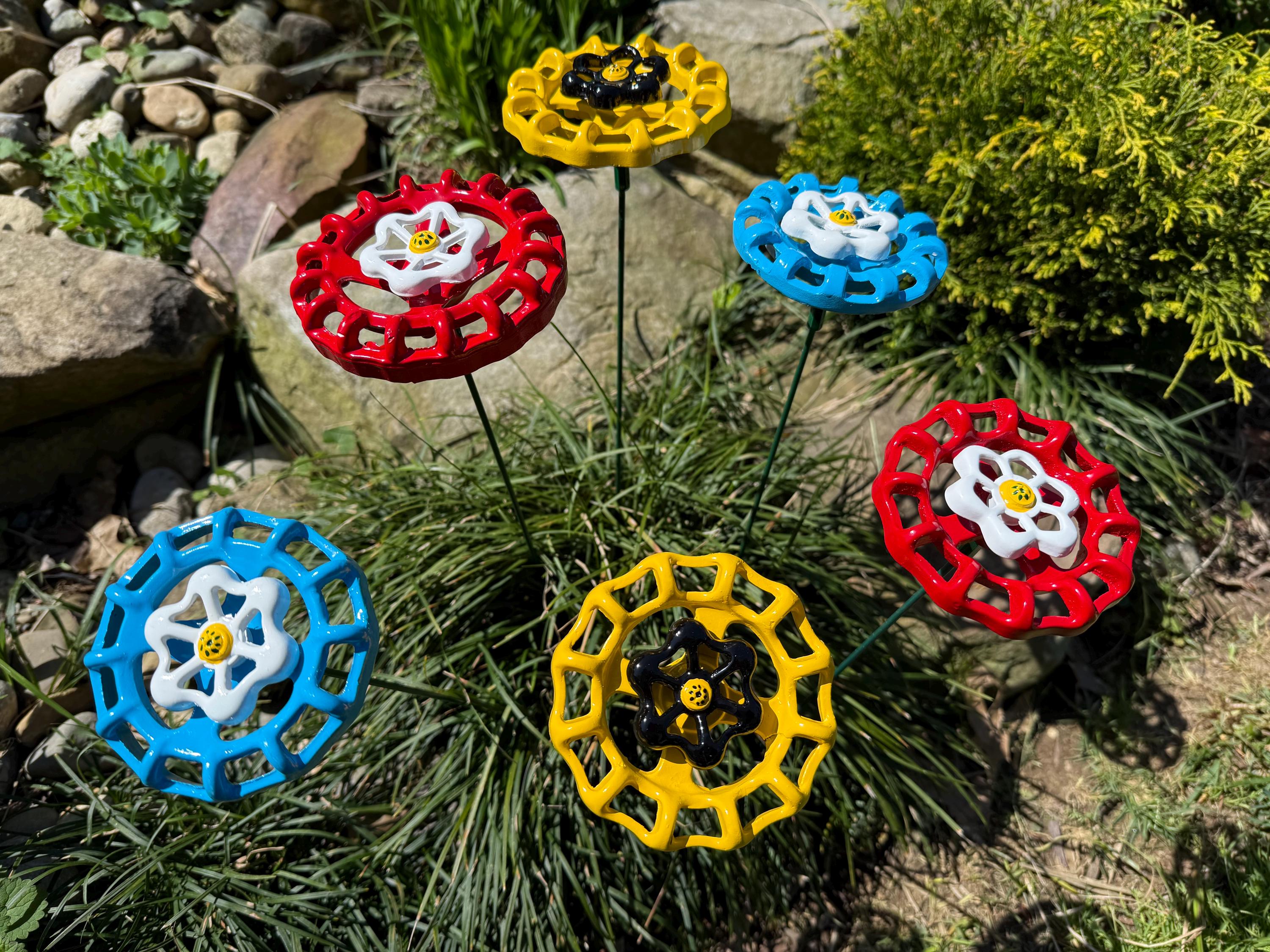 Double Daisy Large -red, Blue, and Yellow, Set of 6 Metal Flowers