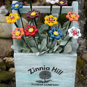 Set of 12 petunia, assorted colors Metal Flower 18" Garden Stakes, repurposed faucet handles, yard art