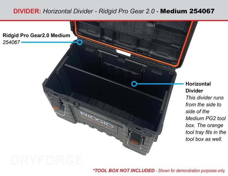 以下が含まれることがあります： 水平な仕切りが付いた、開いた黒いRidgid Pro Gear 2.0 Mediumツールボックス。仕切りはツールボックスの左右に渡って伸びています。ツールボックスには「Ridgid Pro Gear 2.0 Medium 254067」というテキストが表示されています。