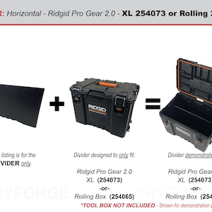 K&ouml;nnte beinhalten: Ein schwarzer horizontaler Teiler f&uuml;r die Ridgid Pro Gear 2.0 XL (254073) oder Rolling (254065) Werkzeugbox. Der Teiler wird neben einer geschlossenen Werkzeugbox und einer offenen Werkzeugbox gezeigt. *WERKZEUGBOX NICHT INBEGRIFFEN - Nur zu Demonstrationszwecken gezeigt.*