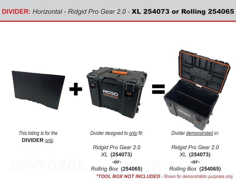 K&ouml;nnte beinhalten: Ein schwarzer horizontaler Teiler f&uuml;r die Ridgid Pro Gear 2.0 XL (254073) oder Rolling (254065) Werkzeugbox. Der Teiler wird neben einer geschlossenen Werkzeugbox und einer offenen Werkzeugbox gezeigt. *WERKZEUGBOX NICHT INBEGRIFFEN - Nur zu Demonstrationszwecken gezeigt.*