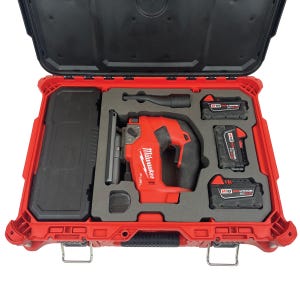 May include: Red Milwaukee FUEL jigsaw with a black and grey blade, two M18 REDLITHIUM XC 5.0 batteries, and a dust blower in a red hard case.