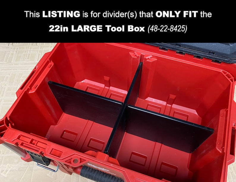 May include: A red 22-inch Milwaukee tool box with black dividers inside. This listing is for the dividers that fit this specific tool box. The tool box model number is 48-22-8425.