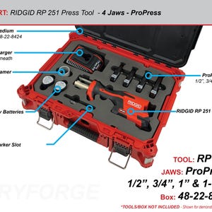 May include: A red RIDGID RP 251 Press Tool kit with ProPress jaws, 1/2", 3/4", 1", and 1-1/4". The kit includes a charger, reamer, batteries, and a tool box. The text "RIDGID RP 251 Press Tool" is visible on the tool.