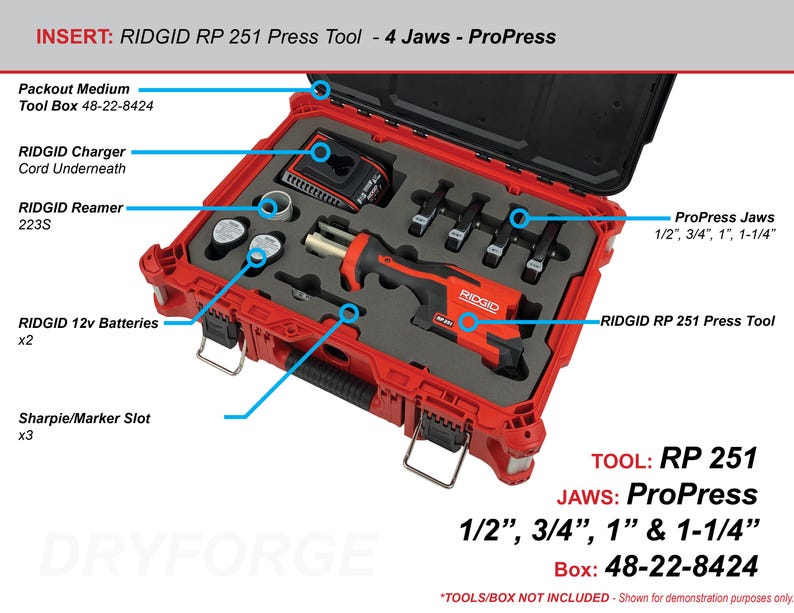 May include: A red RIDGID RP 251 Press Tool kit with ProPress jaws, 1/2", 3/4", 1", and 1-1/4". The kit includes a charger, reamer, batteries, and a tool box. The text "RIDGID RP 251 Press Tool" is visible on the tool.