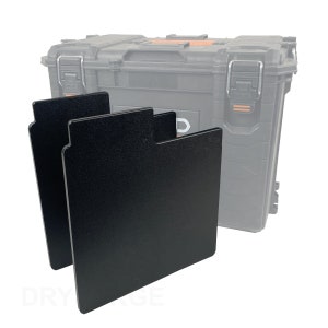 May include: Two black plastic dividers for a storage box. The dividers are designed to fit inside a large black toolbox with orange accents.