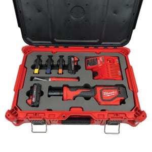 May include: A red Milwaukee tool case with a red and black cordless tool, a battery, and a charger. The case has a foam insert to hold the tools in place.